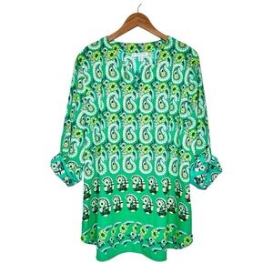 Coolibar Chamboard Tunic Top UPF 50 Size 2X Tab Sleeve Graphic Green and White